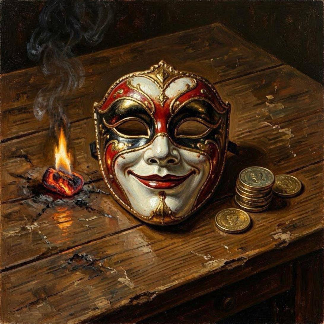 A smiling jester mask on a worn table, an ember burning down beside it, and a small stack of coins. The coins are the invoice.