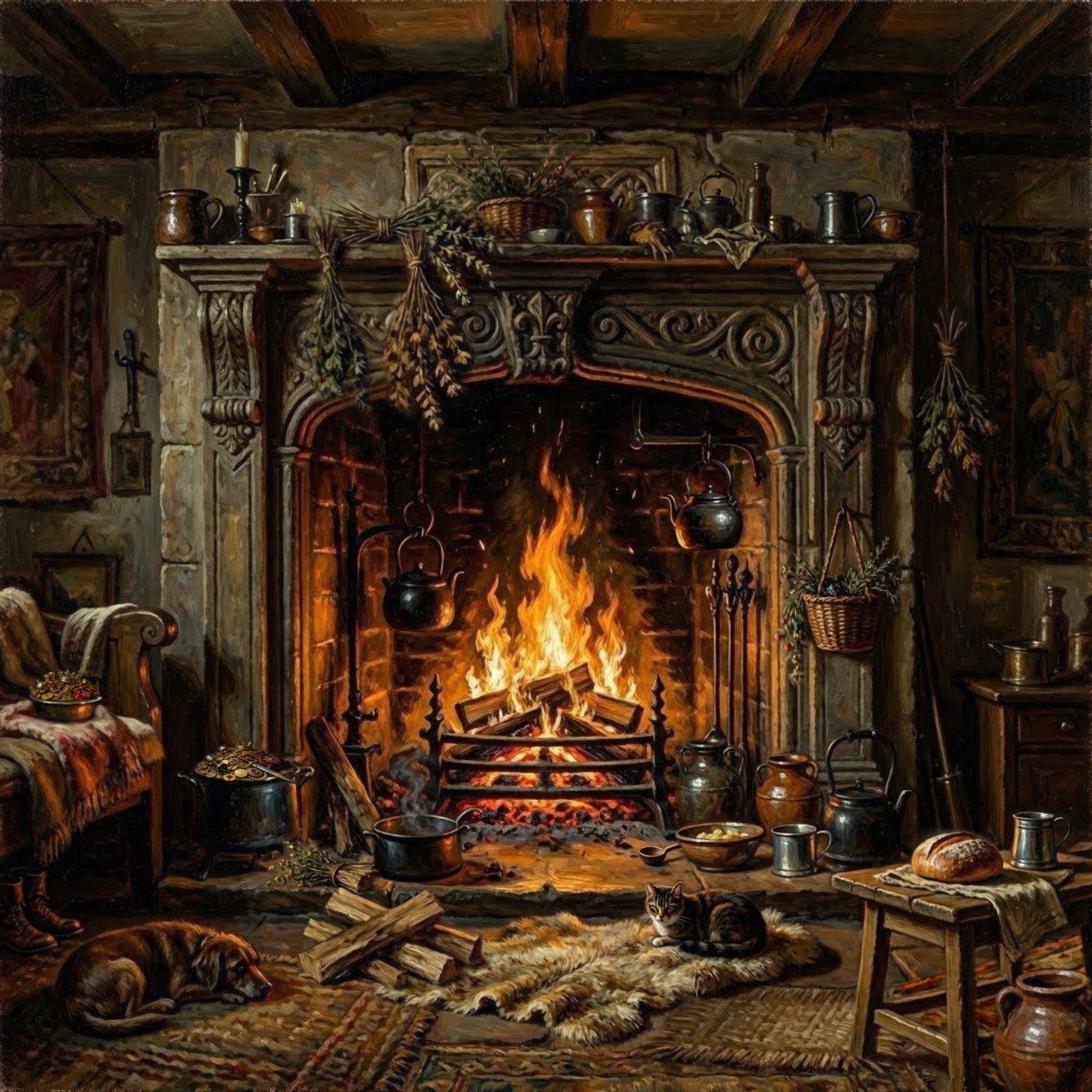 A great hearth fire warms a room with a dog, a cat, and bread; on the floor beside it, a cauldron of gold and a bowl of coins. The same fire, and the hoard.