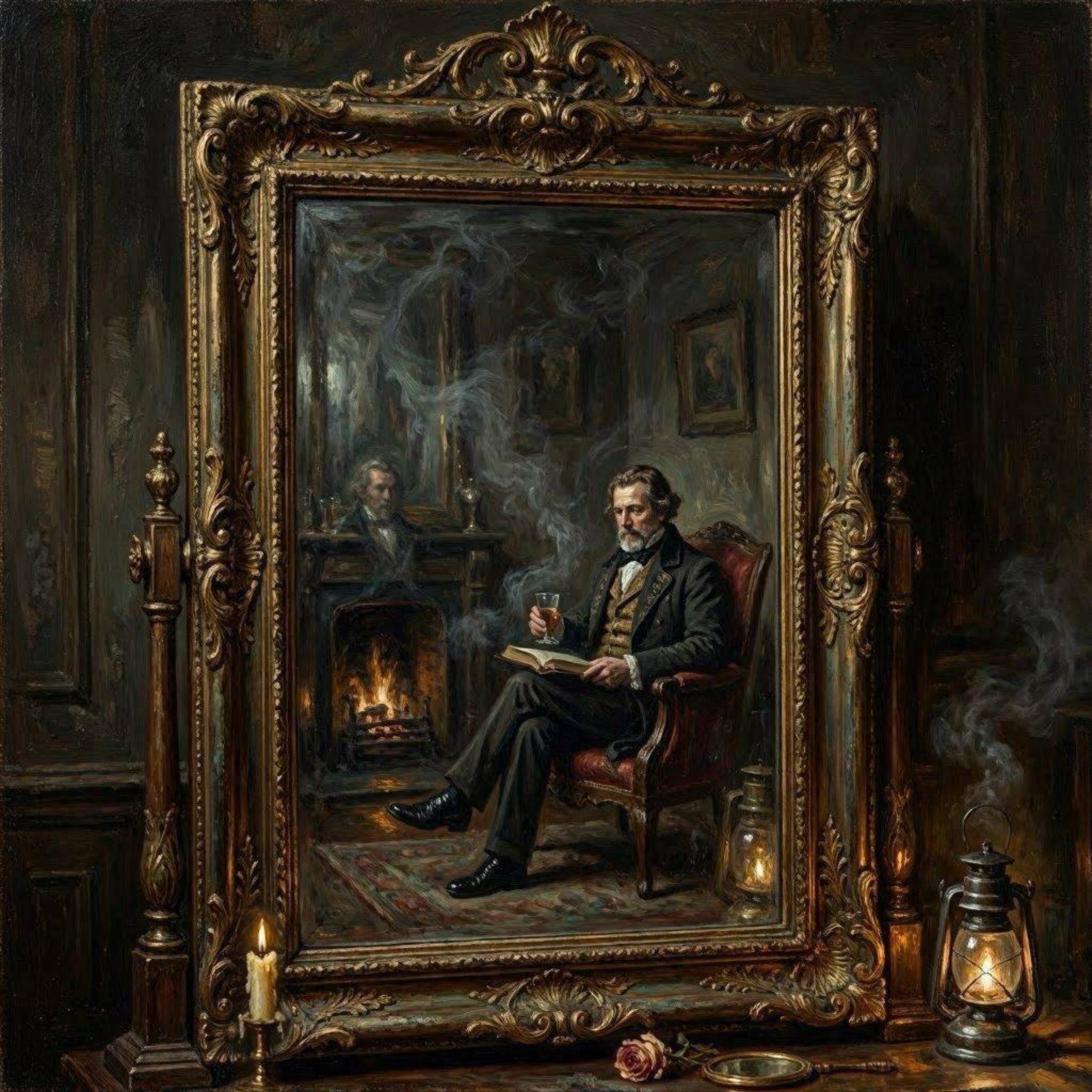 A man reads by his own fire; the reflection in the great gilded mirror does not match the room. The imagined view against the actual one.