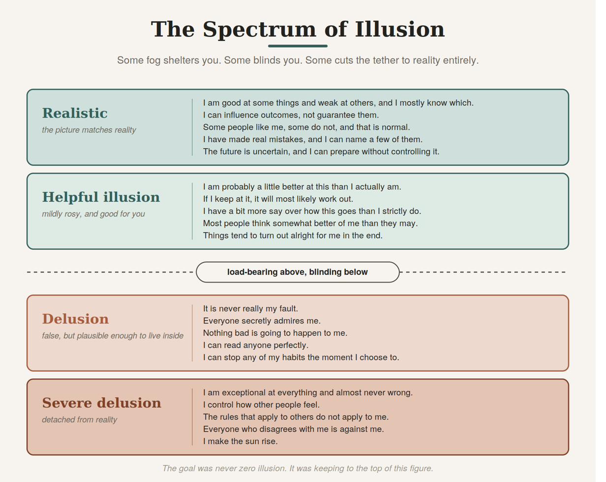 The spectrum of illusion, from accurate sight to untethered belief.