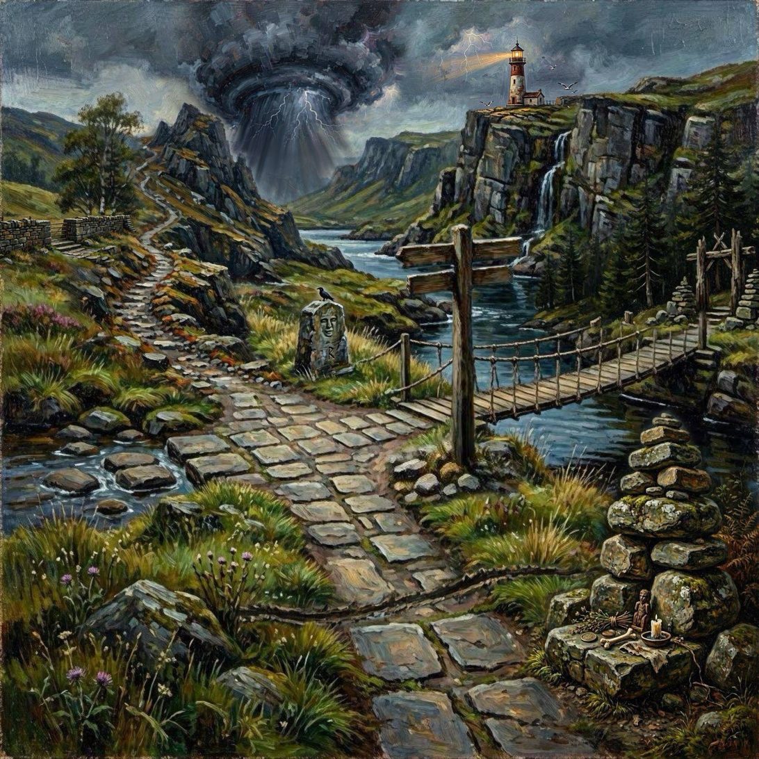 An oil painting of the whole landscape at once: a dark storm with a visible eye over distant mountains, a lighthouse burning on a high cliff, a waterfall and a fjord, a rope-and-wood footbridge across the water, a carved borderstone with a raven perched on it at a fork in the stone path, a drystone wall, stacked cairns, and a small offering table set among the rocks.