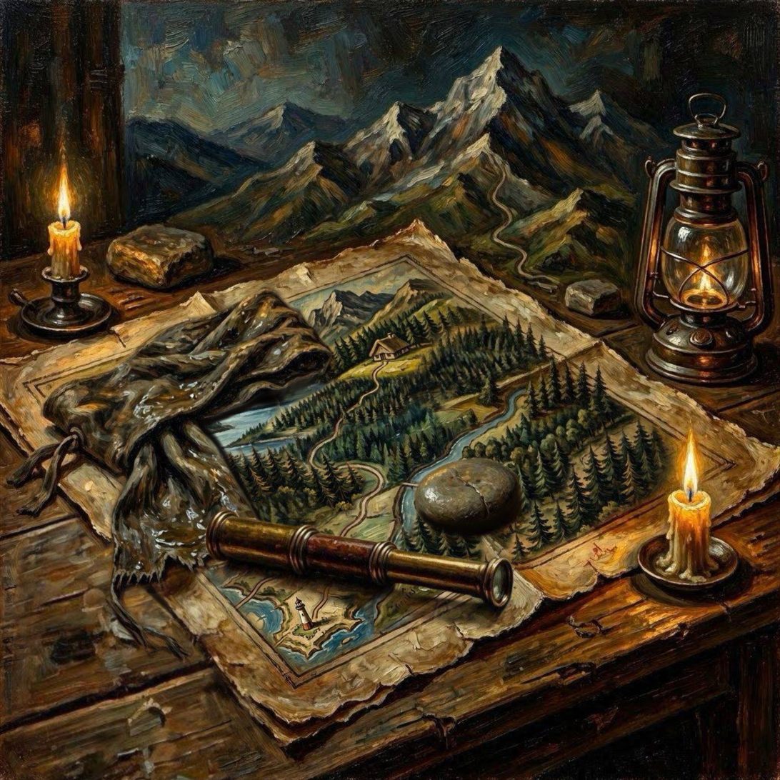 An oil painting: a hand-drawn map of a mountain landscape spread on a lamplit wooden table, a brass spyglass lying across it and a stone set on it as a weight, with the real peak rising through a window behind. A map of a self, and the lens to read it by.